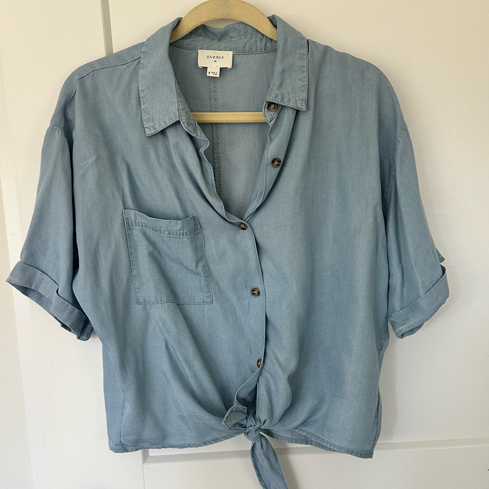 Everly Chambray Blue Denim Drop Shoulder Top